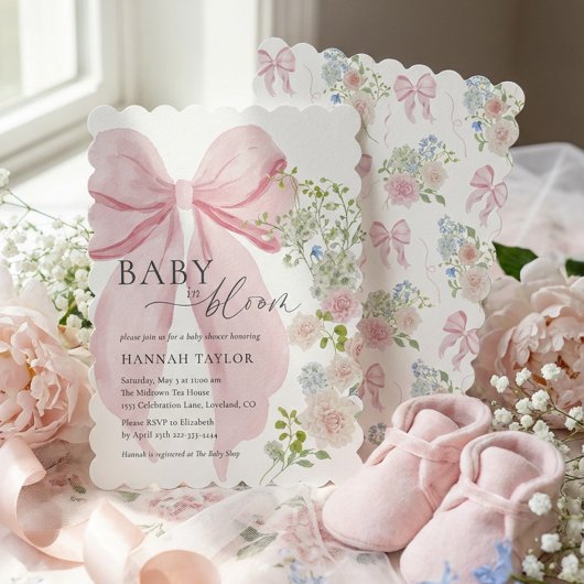 Baby in Bloom Pink Bow Baby Shower 招待状