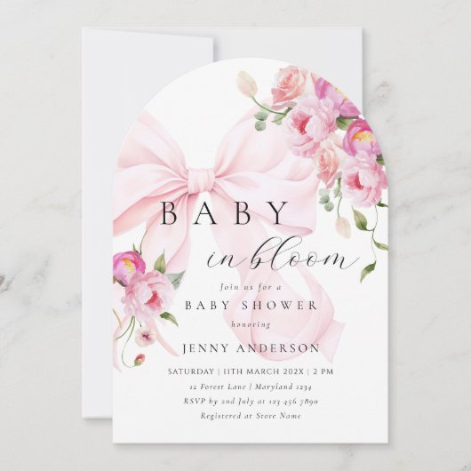 Baby In Bloom Pink Bow Baby Shower Invitation 招待状 (正面)