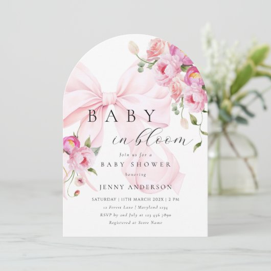 Baby In Bloom Pink Bow Baby Shower Invitation 招待状 (スタンド正面)