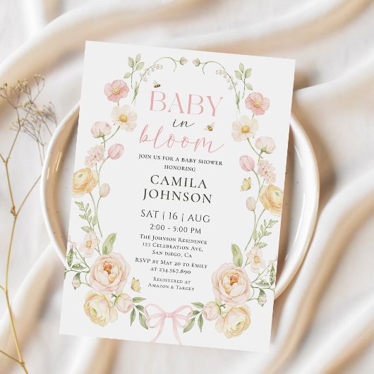 Baby in Bloom Pink Bow Baby Shower Invitation 招待状