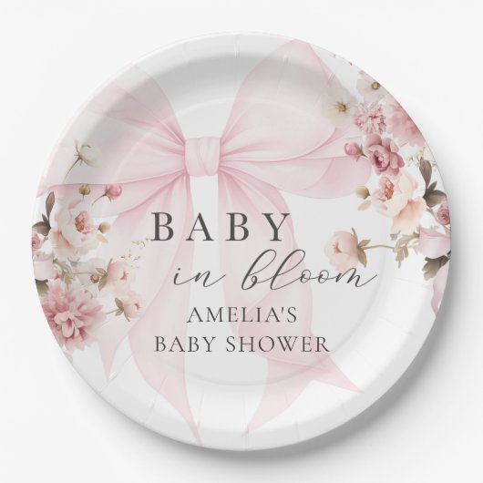 Baby in Bloom Pink Bow Baby Shower Paper Plates ペーパープレート (正面)