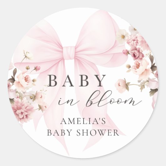 Baby In Bloom Pink Bow Baby Shower Sticker ラウンドシール (正面)