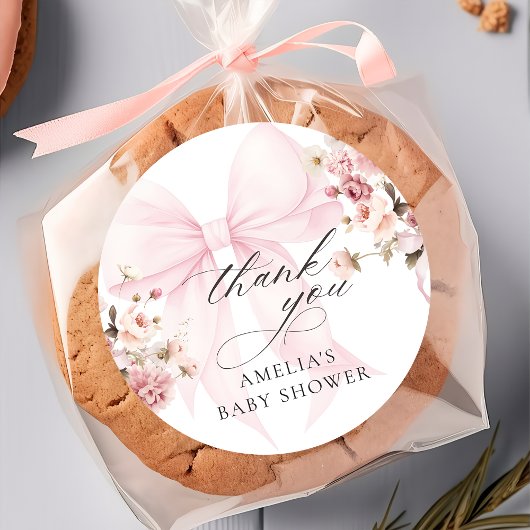 Baby In Bloom Pink Bow Baby Shower Sticker ラウンドシール