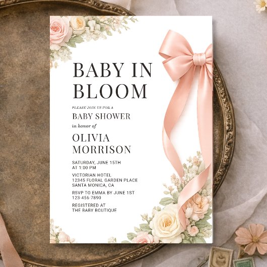 Baby In Bloom Pink Bow Coquette Baby Shower 招待状