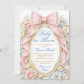 Baby in Bloom Pink Bow Floral Baby Shower 招待状 (正面)
