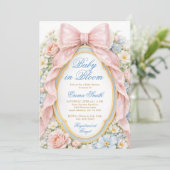 Baby in Bloom Pink Bow Floral Baby Shower 招待状 (スタンド正面)