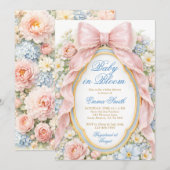 Baby in Bloom Pink Bow Floral Baby Shower 招待状 (正面/裏面)