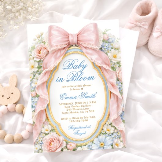 Baby in Bloom Pink Bow Floral Baby Shower 招待状