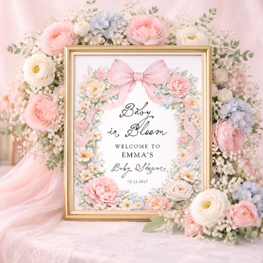 Baby in Bloom Pink Bow Floral Baby Shower Welcome ポスター