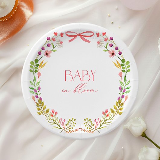 Baby in Bloom Pink Bow Floral Garden Baby Shower ペーパープレート