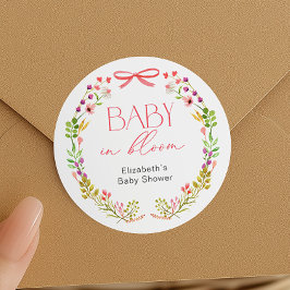 Baby in Bloom Pink Bow Floral Garden Baby Shower ラウンドシール