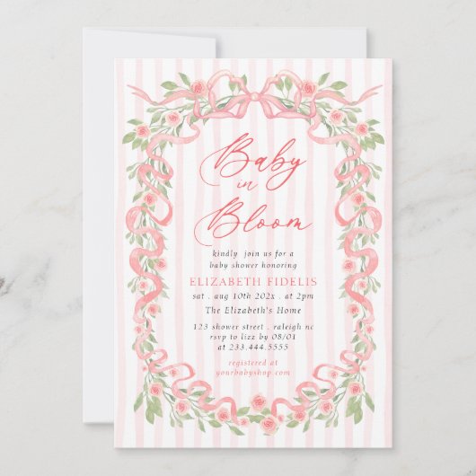 Baby in Bloom Pink Bow Floral Roses Baby Shower 招待状 (正面)