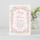 Baby in Bloom Pink Bow Floral Roses Baby Shower 招待状 (スタンド正面)
