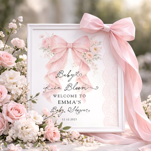 Baby in Bloom Pink Bow Girl Baby Shower Welcome ポスター