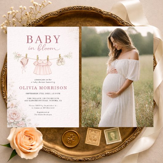 Baby in Bloom Pink Clothesline Photo Baby Shower 招待状