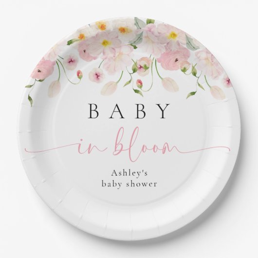 Baby In Bloom Pink Floral Baby Shower ペーパープレート (正面)