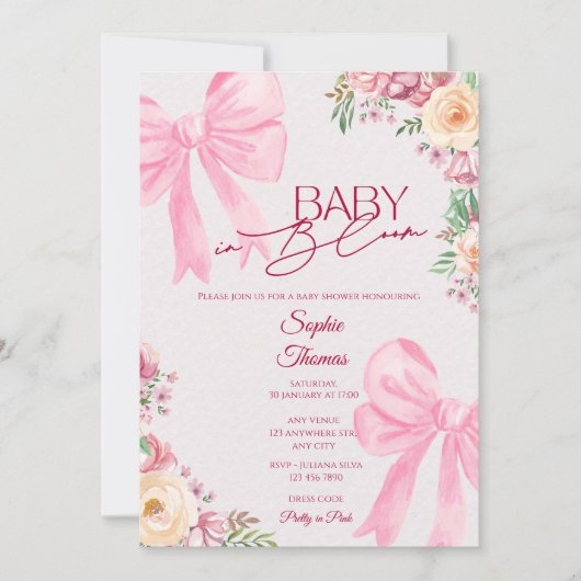 Baby in Bloom Pink Floral Baby Shower Invitation 招待状 (正面)