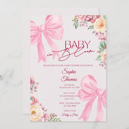 Baby in Bloom Pink Floral Baby Shower Invitation 招待状 (正面/裏面)