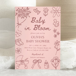 Baby in Bloom Pink Hand Drawn Girl Baby Shower 招待状