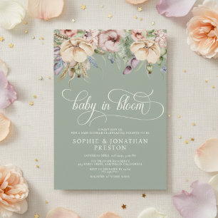 Baby In Bloom QR サージブルー系の野の花 ベビーシャワー 招待状