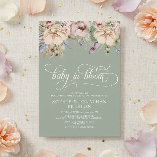 Baby In Bloom QR サージブルー系の野の花 ベビーシャワー 招待状