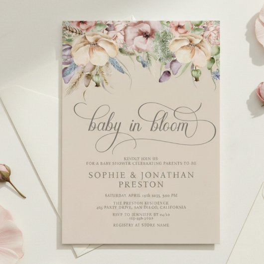 Baby In Bloom QR Beige Wildflower Baby Shower 招待状