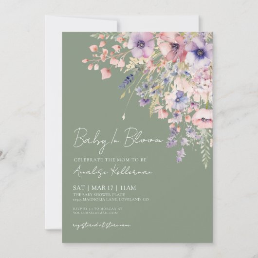 Baby In Bloom Sage Green Baby Shower 招待状 (正面)