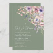 Baby In Bloom Sage Green Baby Shower 招待状 (正面/裏面)