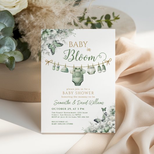Baby in Bloom Sage Green Floral Baby Shower 招待状