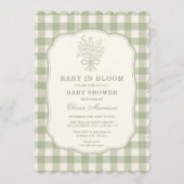 Baby in Bloom Sage Green Gingham Baby Shower 招待状 (正面)