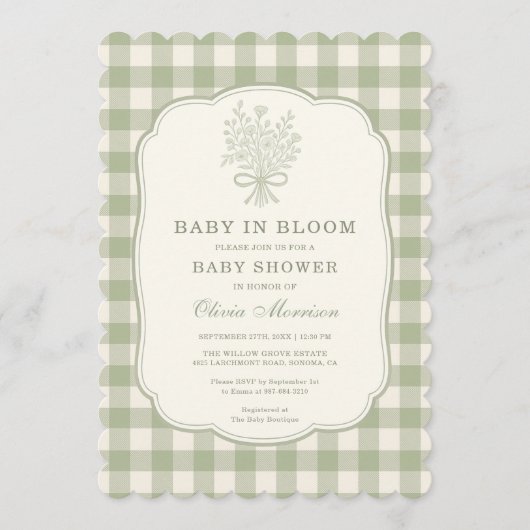 Baby in Bloom Sage Green Gingham Baby Shower 招待状 (正面)