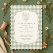 Baby in Bloom Sage Green Gingham Baby Shower 招待状