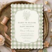 Baby in Bloom Sage Green Gingham Baby Shower 招待状