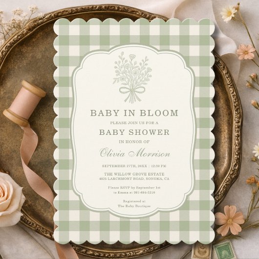 Baby in Bloom Sage Green Gingham Baby Shower 招待状