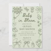 Baby in Bloom Sage Green Hand Drawn Baby Shower 招待状 (正面)