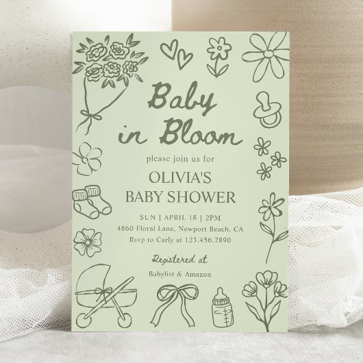 Baby in Bloom Sage Green Hand Drawn Baby Shower 招待状