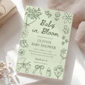 Baby in Bloom Sage Green Hand Drawn Baby Shower 招待状