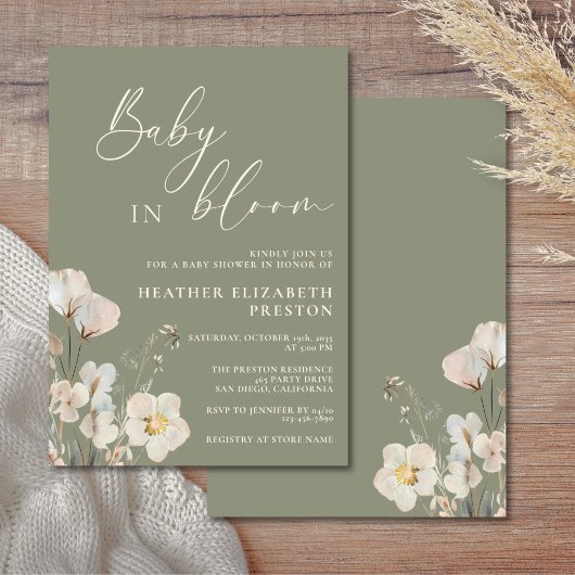 Baby In Bloom Sage Green Wildflower Baby Shower 招待状