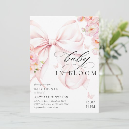 Baby In Bloom Soft Pink Bow Baby Shower Invitation 招待状 (スタンド正面)