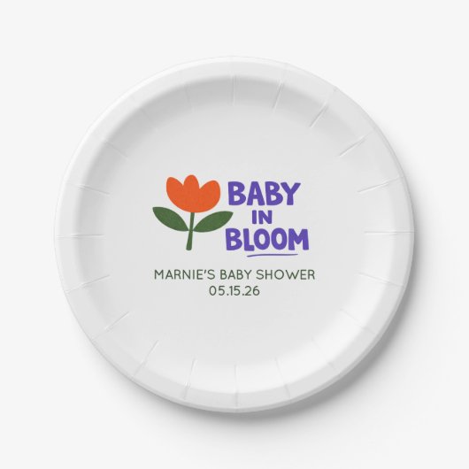 Baby in Bloom Tulip Trendy Modern Baby Shower ペーパープレート (正面)