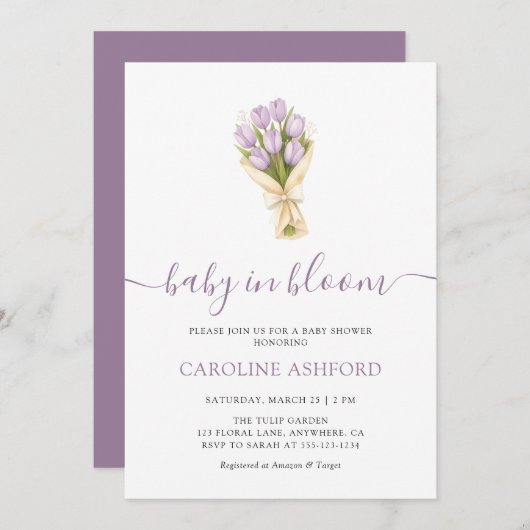 Baby In Bloom Tulips Girl Baby Shower 招待状 (正面/裏面)