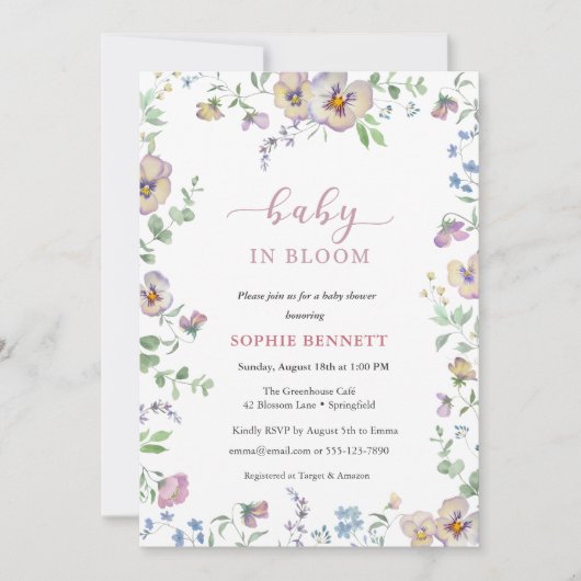 Baby in Bloom Watercolor  floral  Viola Invitation 招待状 (正面)