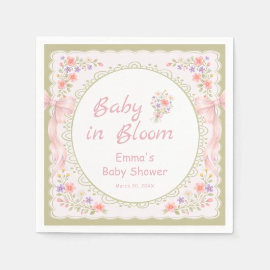 Baby in Bloom Wildflower Bow Baby Shower  スタンダードカクテルナプキン (正面)