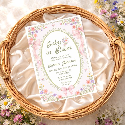 Baby in Bloom Wildflower Bow Girl Baby Shower 招待状