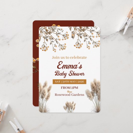 Baby in Bloom Wildflower Pampas Boho Baby Shower 招待状 (正面/裏面インサイチュ)