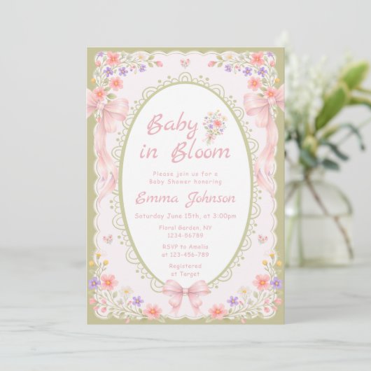 Baby in Bloom Wildflower Pretty Baby Shower 招待状 (スタンド正面)
