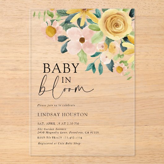 Baby in Bloom Yellow Floral アクリル招待状 (正面)