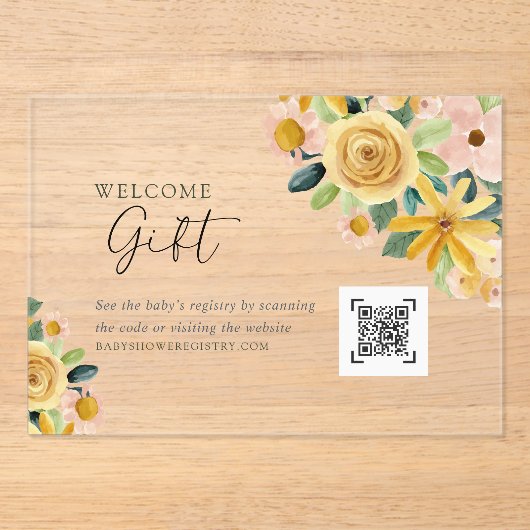 Baby in Bloom Yellow Floral Gift Registry アクリル招待状 (正面)
