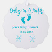 Baby in Winter baby shower blue baby feet snowflak オーナメントカード (裏面)
