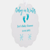 Baby in Winter baby shower blue baby feet snowflak オーナメントカード (右)